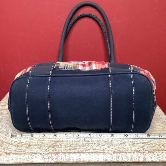 J. Crew Multicolor Classic Cotton Madras Preppy Patchwork Purse Tote Bag Navy - Picture 6 of 13